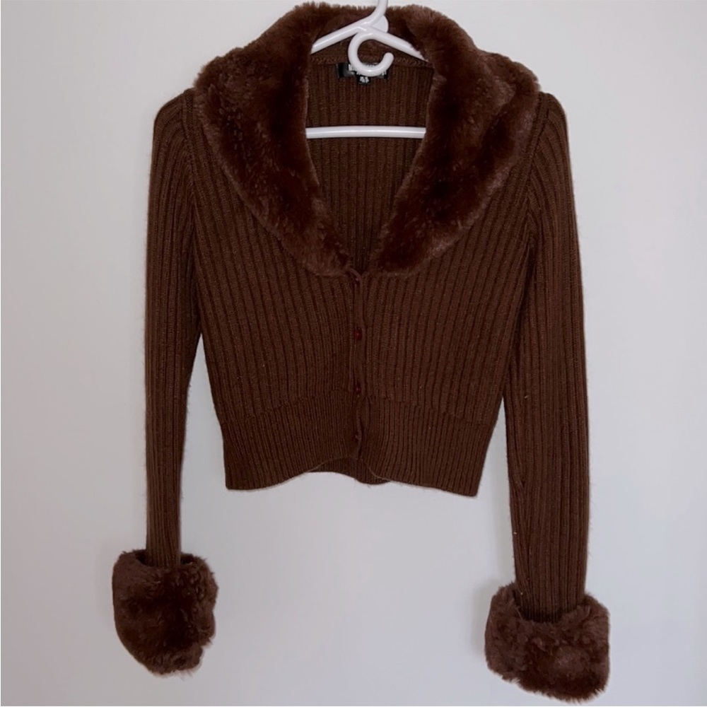 Misguided Faux Fur Trim Knit Cardigan